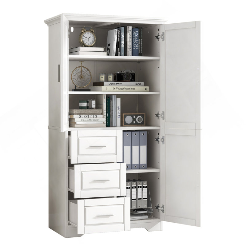 Armoire de rangement haute et large avec portes pour salle de bain / bureau, trois tiroirs, blanc, Blanc