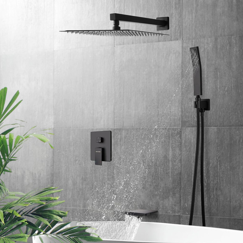 Wall Mounted Shower Faucet Set,10 Inch Rainfall Shower Head, Handheld Spray,Tub Spout, Matte Black