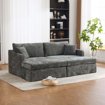 Très grand canapé à deux places de 86,61 pouces de large avec deux repose-pieds revêtus de chenille, des pieds en métal et deux coussins de dossier pour une assise confortable dans les chambres et les salons