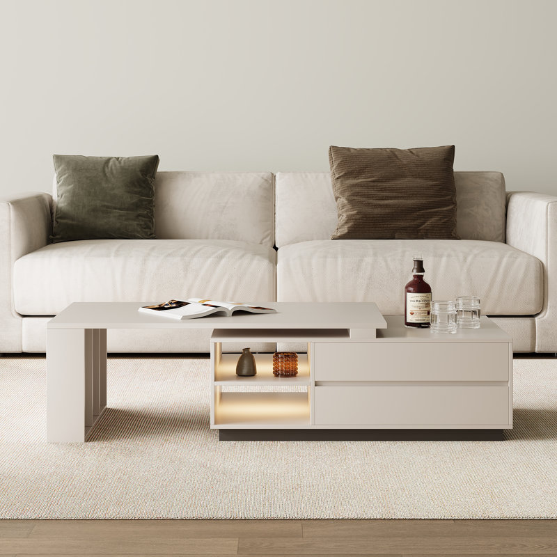 Modern Rectangular Coffee Table With Storage Shelves And Drawers, Extendable Design For Living Room, Lounge, Khaki