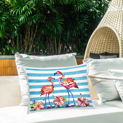 Coussin d'extérieur imprimé flamants brossés et hibiscus par Paul Brent