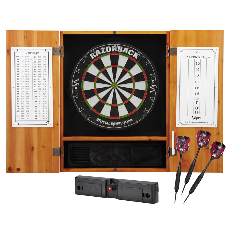 Oak Finish Pine Dartboard Cabinet with Bristle Board and Darts