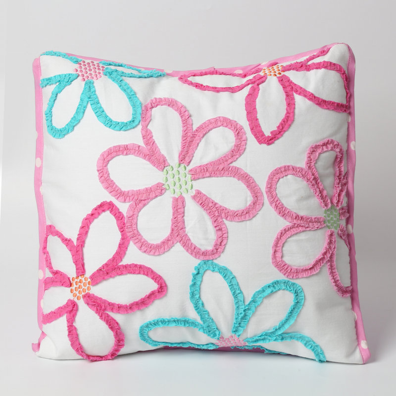 Mariah Pink and Blue Floral Embroidered Cotton Square Pillow