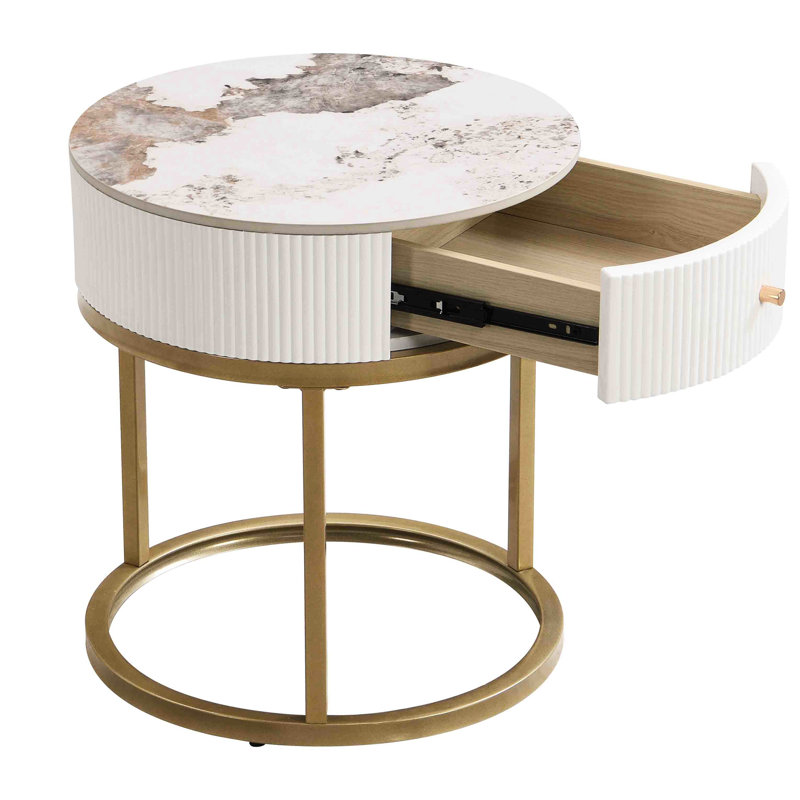 Table d'appoint 19,68 pouces avec rangement - Pierre frittée et structure métallique ronde pour chambre à coucher