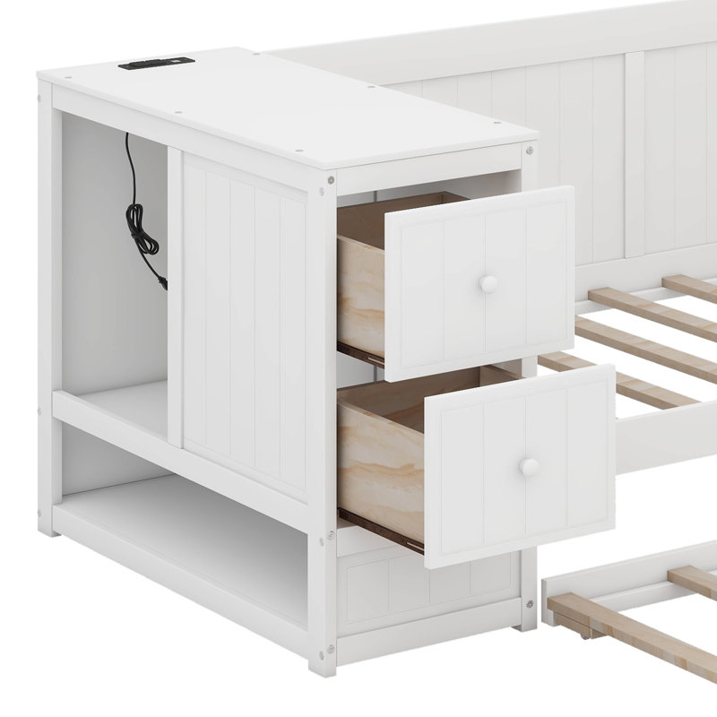 Lit de jour simple, structure de canapé-lit en bois avec couchette et accoudoirs de rangement polyvalents, Blanc