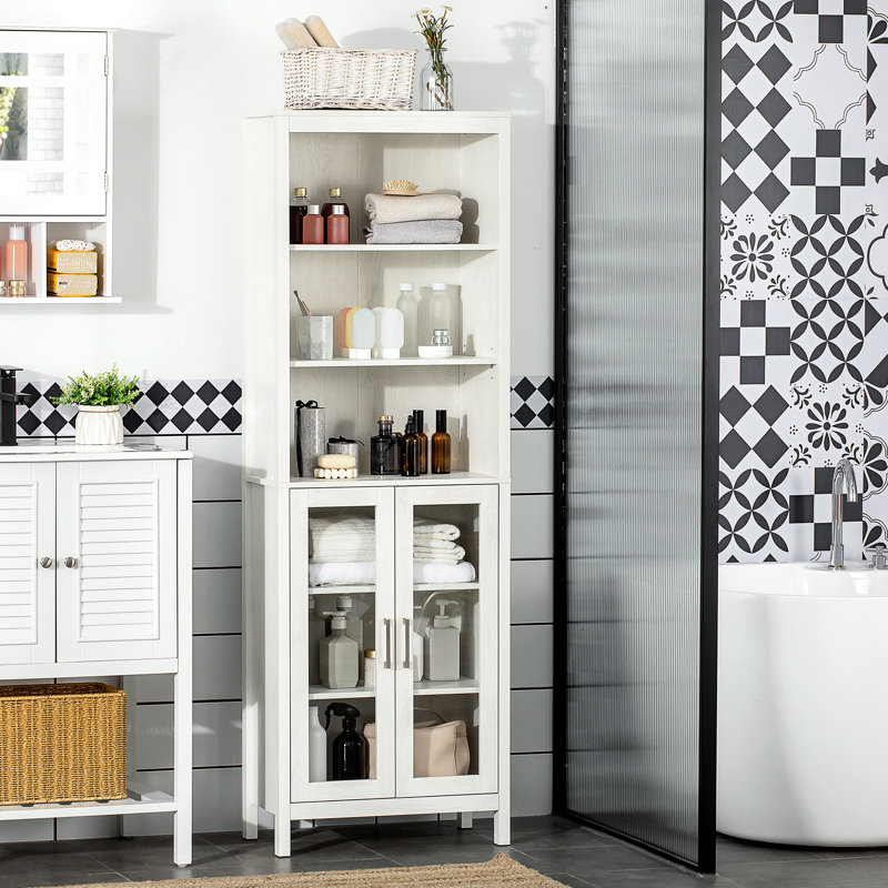 Rangement pour salle de bain blanc antique, étagère à 3 niveaux, armoire autoportante avec porte vitrée et étagère réglable pour armoire fonctionnelle, porte, étagères