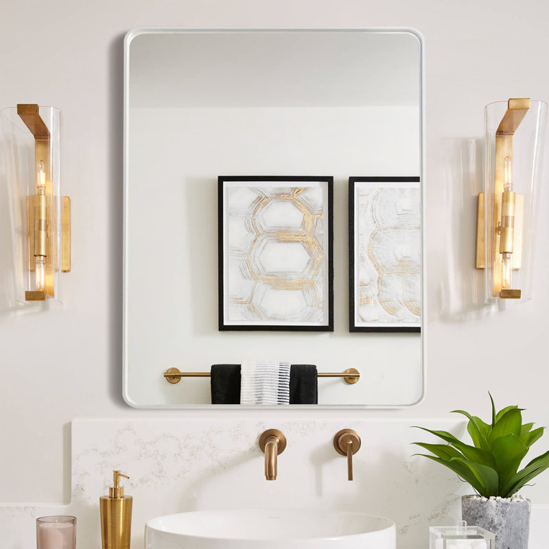 Miroir mural de salle de bain, verre trempé, coins arrondis et cadre antirouille, 36 po x 28 po