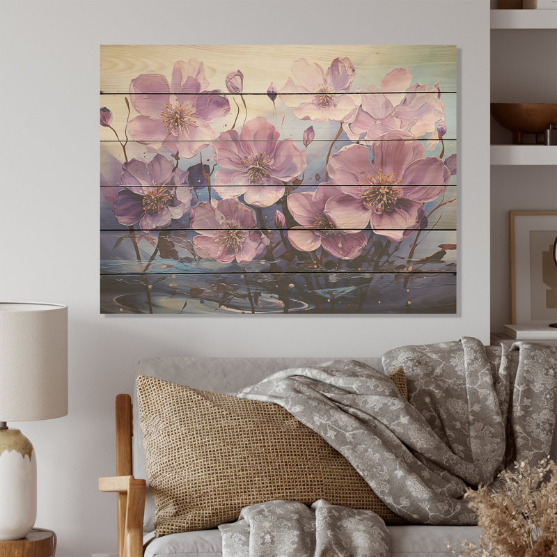 «Violet Flower Meadow Harmony I», art mural en bois sur fond de pin naturel, H 24 po x l 32 po
