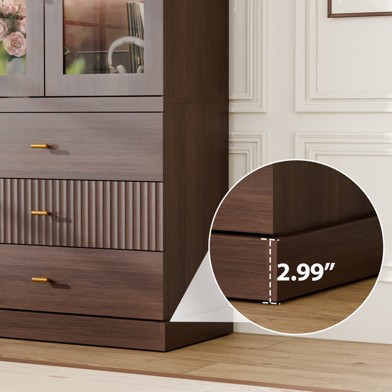 Élégante vitrine en bois avec portes et tiroirs en verre, armoire de rangement avec éclairage DEL, grande capacité et finition imperméable