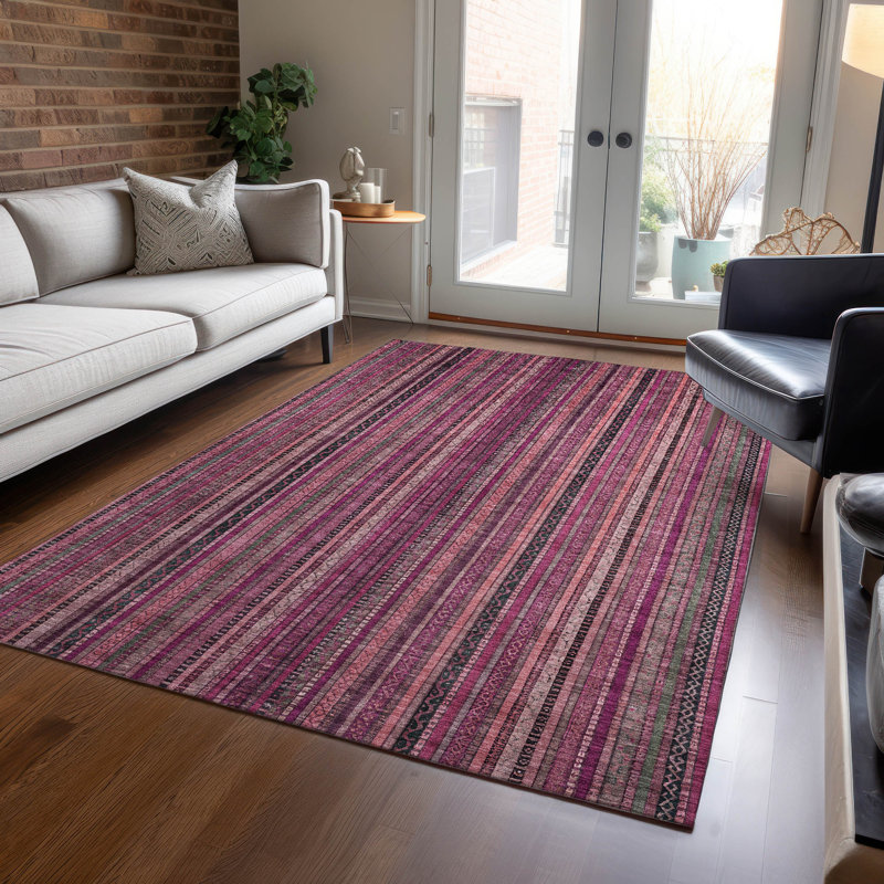 Pink and Black Striped Synthetic Washable 5' x 7' Rug