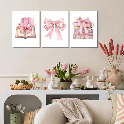 Coquette rose arc, ensemble d'art mural sur toile, 3 livres, cadeaux pour amateurs de livres BCBG, affiches à la mode en rose, photos, esthétique pour chambre à coucher, appartement, salon, chambre à coucher