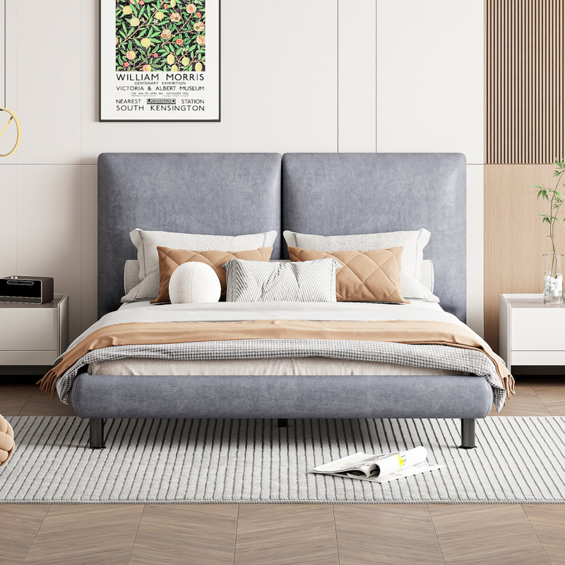 Grand lit plateforme tapissier avec deux grands appuis-tête et tissu épais en polyester