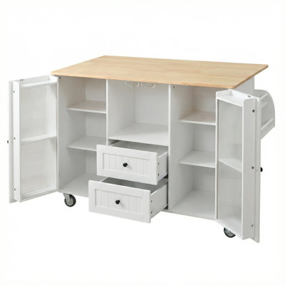 Mobile Kitchen Island Cart with Butcher Block Top, 2 Drawers & Glass Cabinets – White Serving Cart, Breakfast Station, Bar Cart with Locking Wheels for Indoor & Outdoor