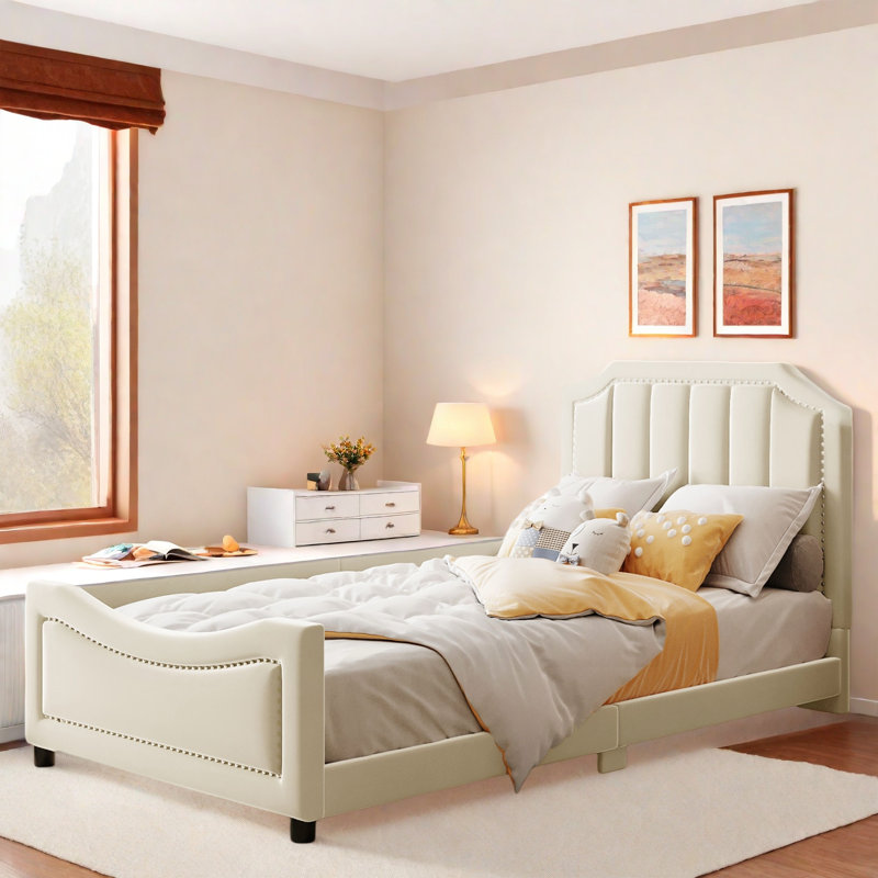 Upholstered Daybed With Classic Stripe Shaped Headboard, Beige