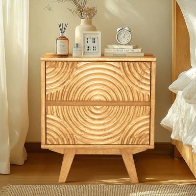Solid Wood 2-Drawer Nightstand with Carved Front – Mid-Century Modern Bedside Table
