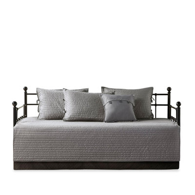 Reversible Plaid Daybed Cover Grey - 6 Piece Bundle With Cover, 17-inch Drop , 3 Shams, And Decorative Pillow 90% Cotton Filled, Microfiber Back Solid Designs Includes Filled