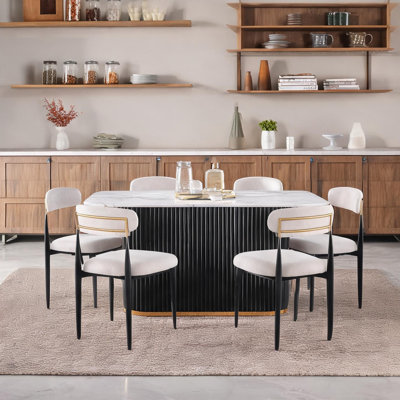 Ensemble de table de salle à manger pour la cuisine et la salle de conférence, plateau rectangulaire en faux marbre avec base en métal Wave, table de 69 pouces pour 6 personnes avec chaises en chenille, noir classique