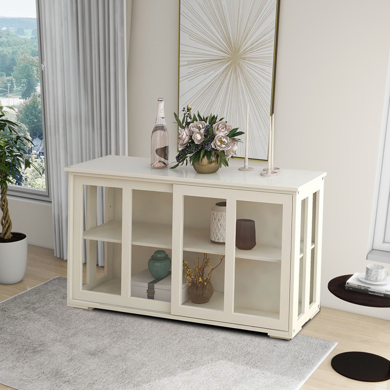 Buffet moderne avec porte en verre et tablettes réglables, Blanc