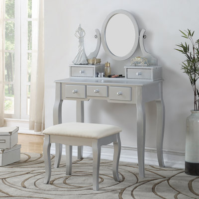 Ashley Wood Make-Up Vanity Table And Stool Set, Silver