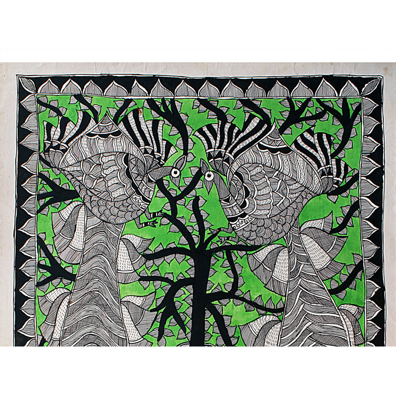 Paon sur un arbre à l'intérieur d'un pot à motifs | Madhubani Peinture