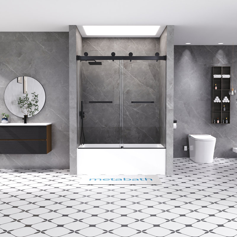 56"-60" W X 66" H Double Sliding Frameless Tub Door with 5/16" (8mm) Tempered Clear Glass, Matte Black