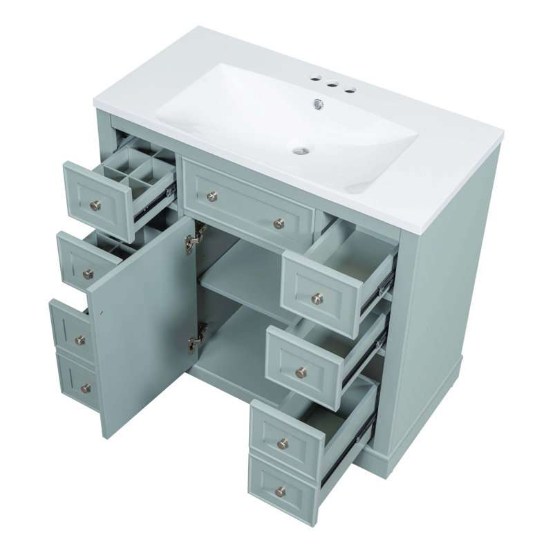 Meuble-lavabo 36 po avec lavabo, une armoire et six tiroirs, tablette réglable, Vert