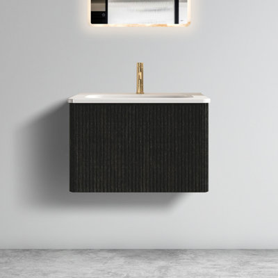 Meuble-lavabo de 61 cm avec lavabo en chêne noir rayé et céramique blanche - Chêne brossé élégant, esthétique moderne