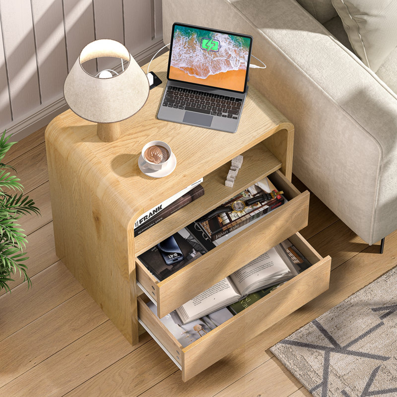 Table de chevet avec station de charge et 3 tiroirs et ports USB, Naturel