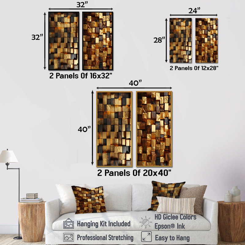 Cubes abstraits noirs et dorés I - ensemble de 2 reproductions d'art géométriques abstraites, H 28 po x l 25 po, Toile tendue