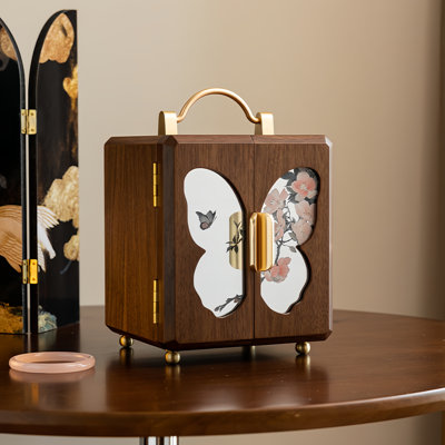  Wooden Jewelry Box With Key, 4 Layers Lockable Handheld Mirror-Flower Jewelry Box For Women Girls, Walnut Texture, Cut-Out Mirror Butterfly, Begonia-Patterned Tempered Glass