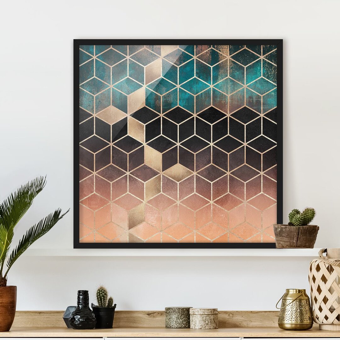 Gerahmtes Poster Turquoise Rosé Golden Geometry