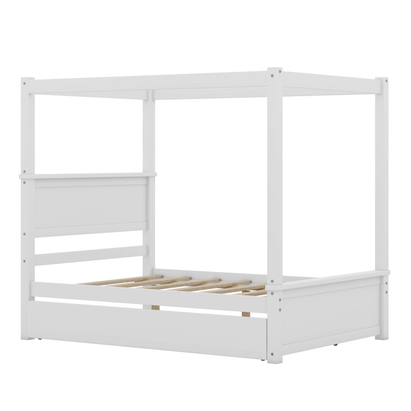 Cactier Full Size Canopy Platform bed With Trundle Bed, Brushed White