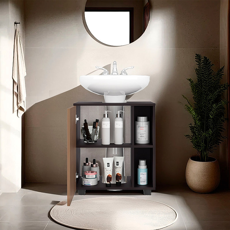 Pascuale Two Side Shelves Under Sink Cabinet With One Doors, Cut-Out Back, Compact 22 Freestanging Bathroom Storage