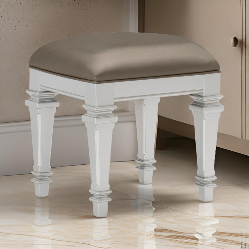 Silver Faux Leather Padded Vanity Stool with White Wooden Legs