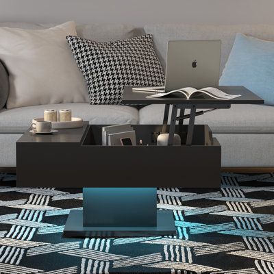 Lift Top Coffee Table with Storage - Wooden Square Design for Living Room, 16 Colors RGB LED Lighting System