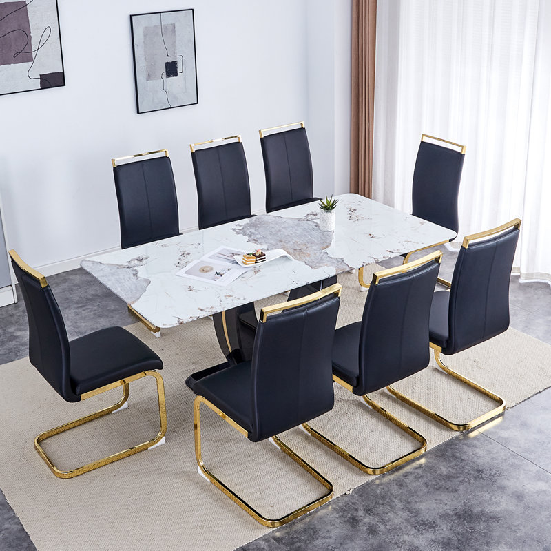 Ensemble de table de salle à manger en verre pour 8, Noir, 9 pièces : table, 8 chaises