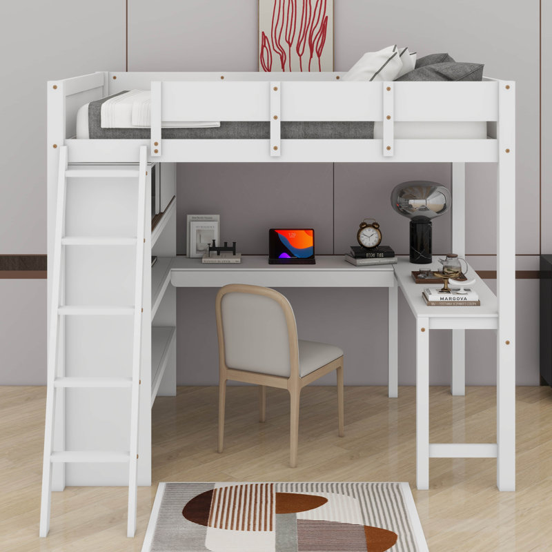 Lit mezzanine double avec bureau et tablettes, Blanc