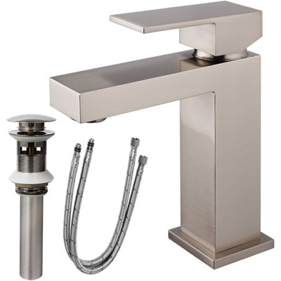Robinet de lavabo de salle de bain en laiton durable, conception moderne en nickel brossé pour les espaces de meuble-lavabo compacts