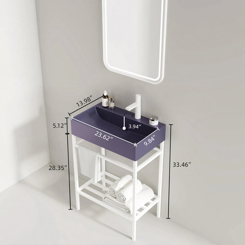 Meuble-lavabo de salle de bain avec lavabo en céramique, ensemble de lavabo console autoportant, lavabo rectangulaire en céramique mauve brillant sans robinet, pieds en métal ouverts, tablettes de rangement
