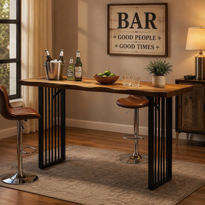 Table de bar 63 po en bois massif, table de pub rectangulaire à hauteur de comptoir avec cadre en métal pour bar personnel (table seulement)