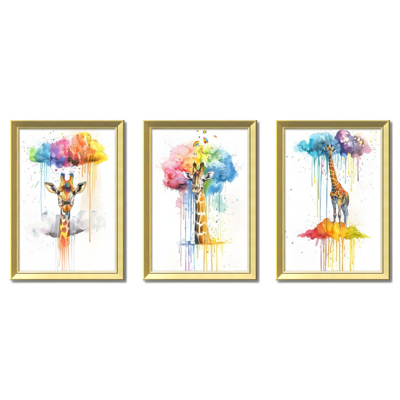 Ensemble de 3 art mural encadré girafe coloré - impressions sur toile remplaçables avec cadres en bois massif, décoration murale créative pour animaux pour le salon et la chambre à coucher 20 po x 28 po