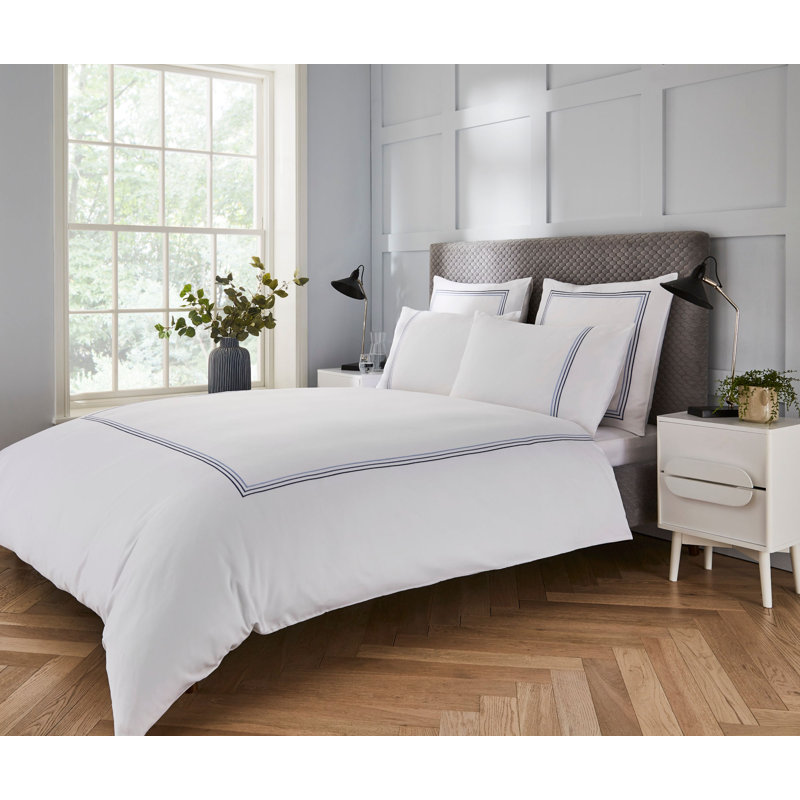 Triple Row Cord 400TC Collection Cotton Solid Colour Duvet Cover Set, White/Navy, Double Duvet Cover + 2 Standard Pillowcases