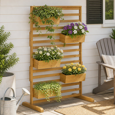 Support à treillis de jardin vertical en bois autoportant avec cinq boîtes à fleurs à niveaux pour la présentation du patio extérieur