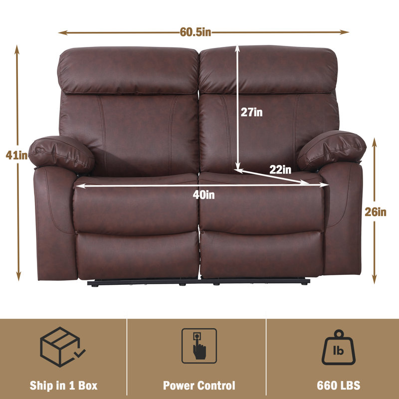  Edder 60.5"W Power Reclining Sofa With USB Ports & Deep Seat, Brown