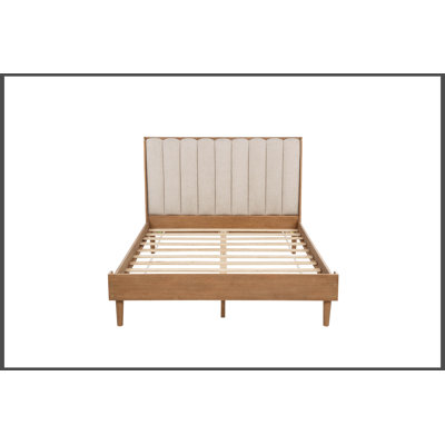 Queen Size Wood Bed with Piano Key Style Upholstered Headboard , Wood Bed with Strengthened Bed Frame ,Wheat S00257)