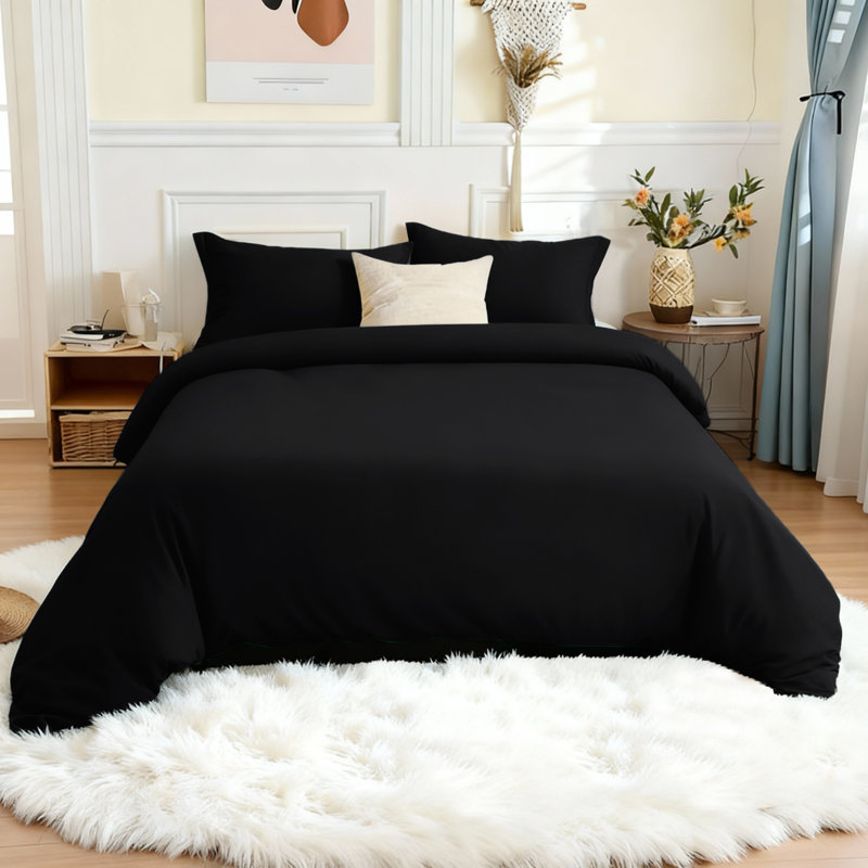 Microfiber 250 TC Reversible 4 piece Plain Duvet Cover Set with Pillowcases, Black