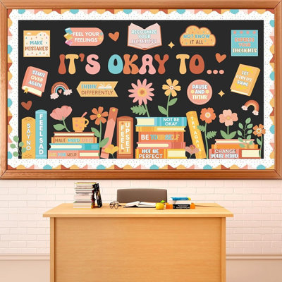 Ensemble de 63 babillards It's Okay To Retro, décor de salle de classe santé d'inspiration, découpes de livre de fleurs de station d'affirmation, décorations de tableau mural de porte de retour à l'école