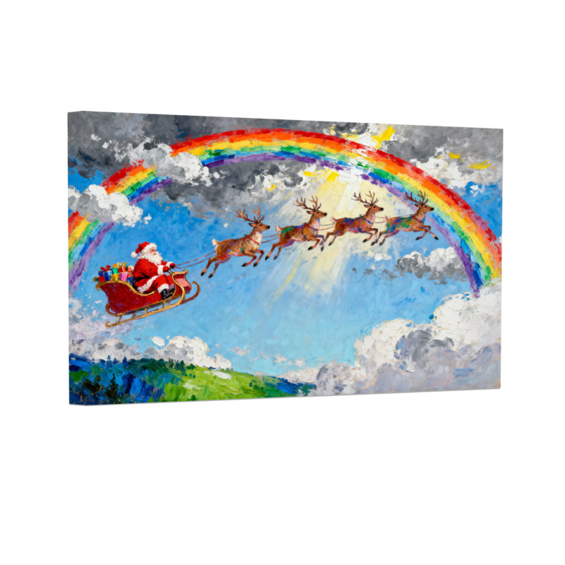 Christmas Santa Claus Sleigh Reindeer Rainbow Sky Clouds Landscape, 12" H x 18" W