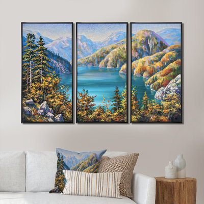 Pittoresque lac Ritsa en fin d'automne - ensemble d'art mural sur toile encadré Lake House