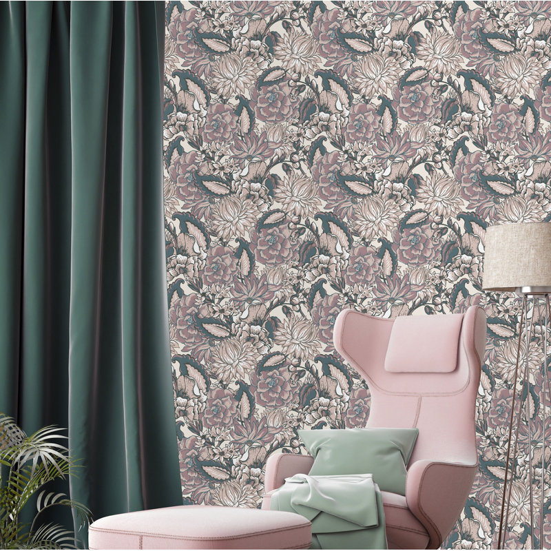 Rouleau de papier peint adhésif Otani Roses and Chrysanthemums, L 16,67 po x l 25 po